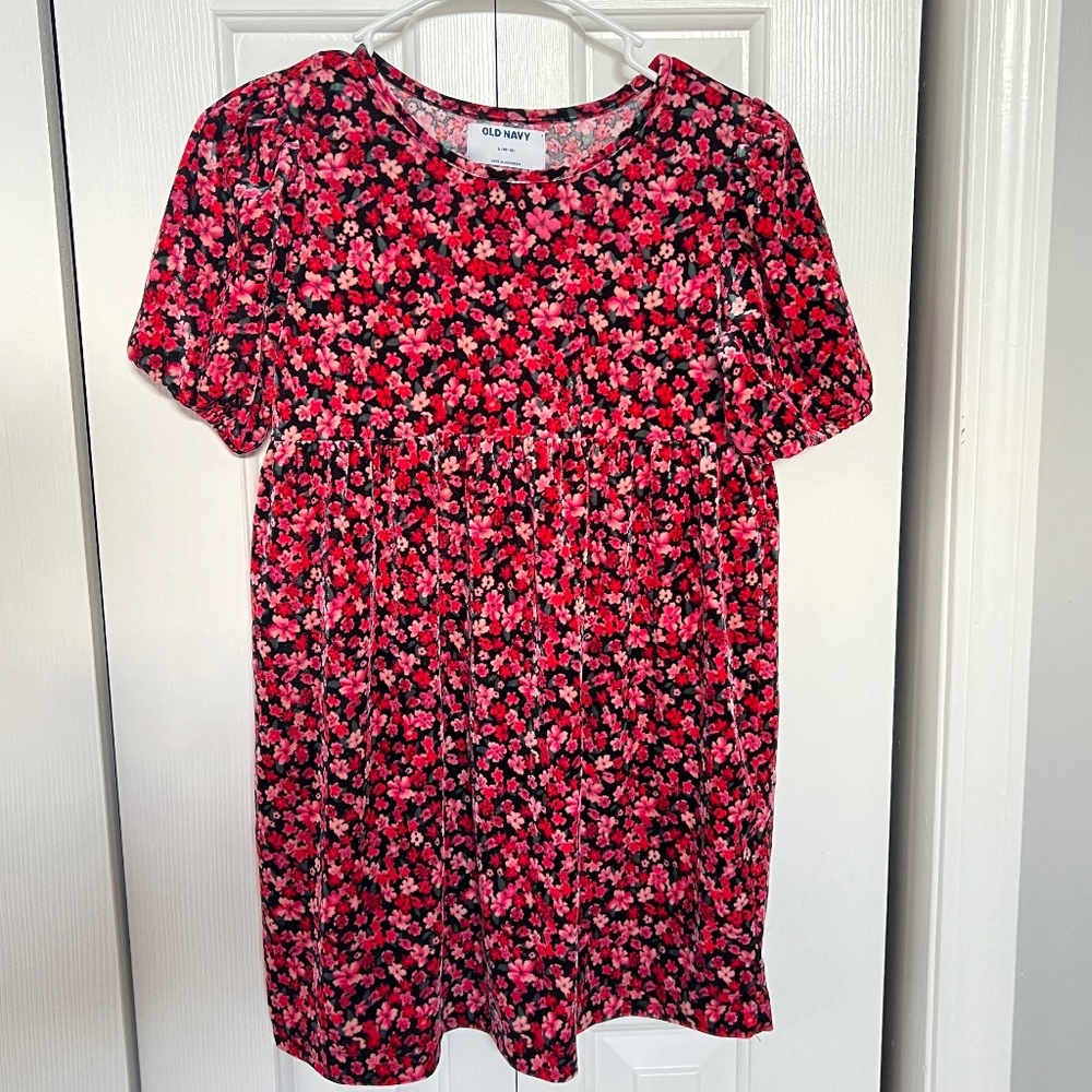Old Navy Girls Pink & Black Floral Velvet Dress Size Large (10-12)